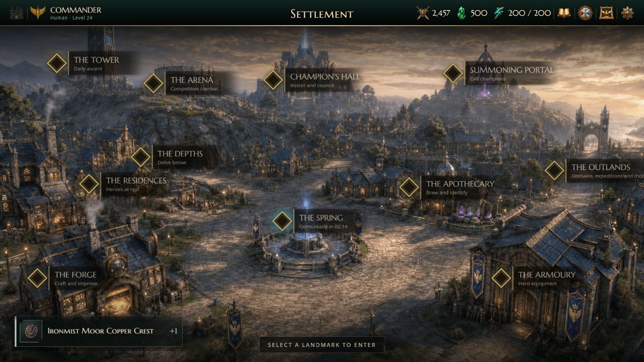 Current Heroes of the Shattered Aeon settlement interface